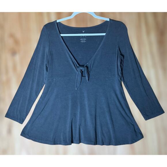 AE Soft & Sexy Sz S Tie Front Gray Flowy Babydoll Peplum Tunic Top Boho Casual - Picture 2 of 8